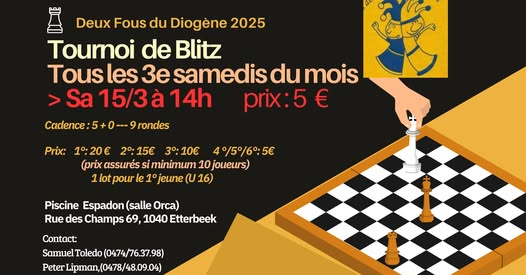 Affiche d'un tournoi de blitz d'échecs, mentionnant la date, le lieu, les frais d'inscription et les prix pour les participants.